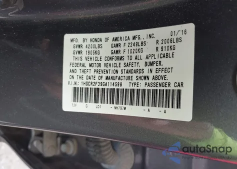 2016 Honda Accord Lx из США, поврежденный, VIN 1HGCR2F39GA114598